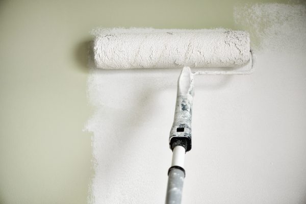 Hand painting wall with paint roller, pastel color. Appartment renovation, repair, building and home concept. Copy space, banner. Tools for painting walls