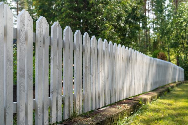 Wooden fence painted white, in the yard, prohibiting access to private territory, against the background of trees, on a summer day.
